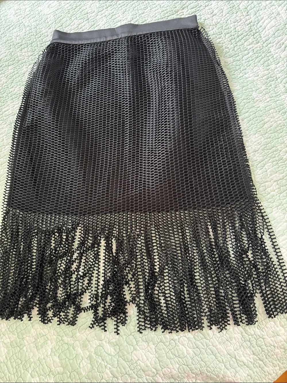 Black Fringe Mesh Pencil Skirt